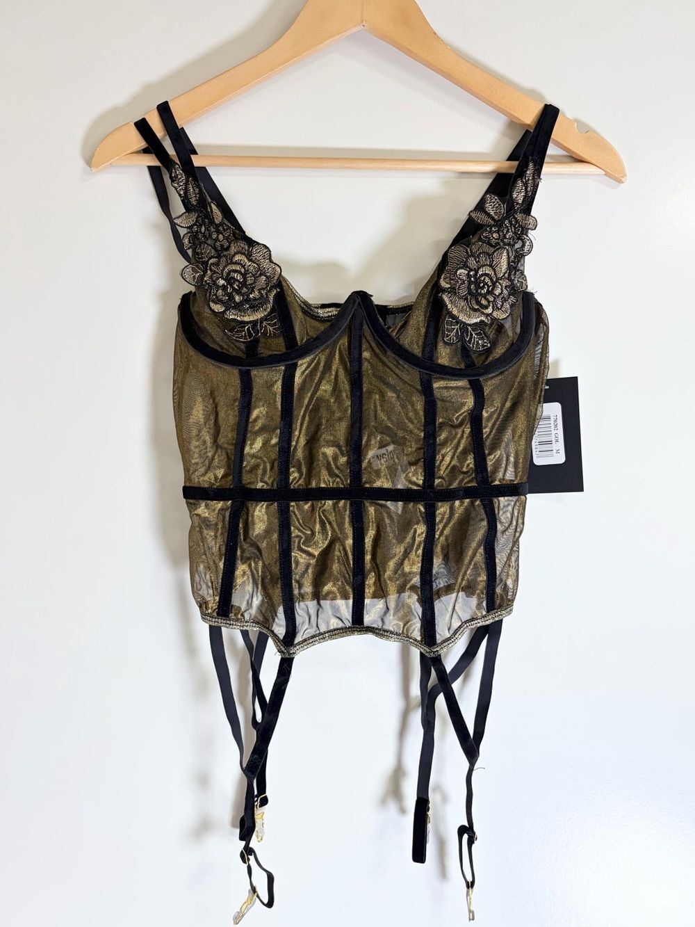 Whimsigoth Floral Gold Bustier Top Velvet Straps Medium NEW